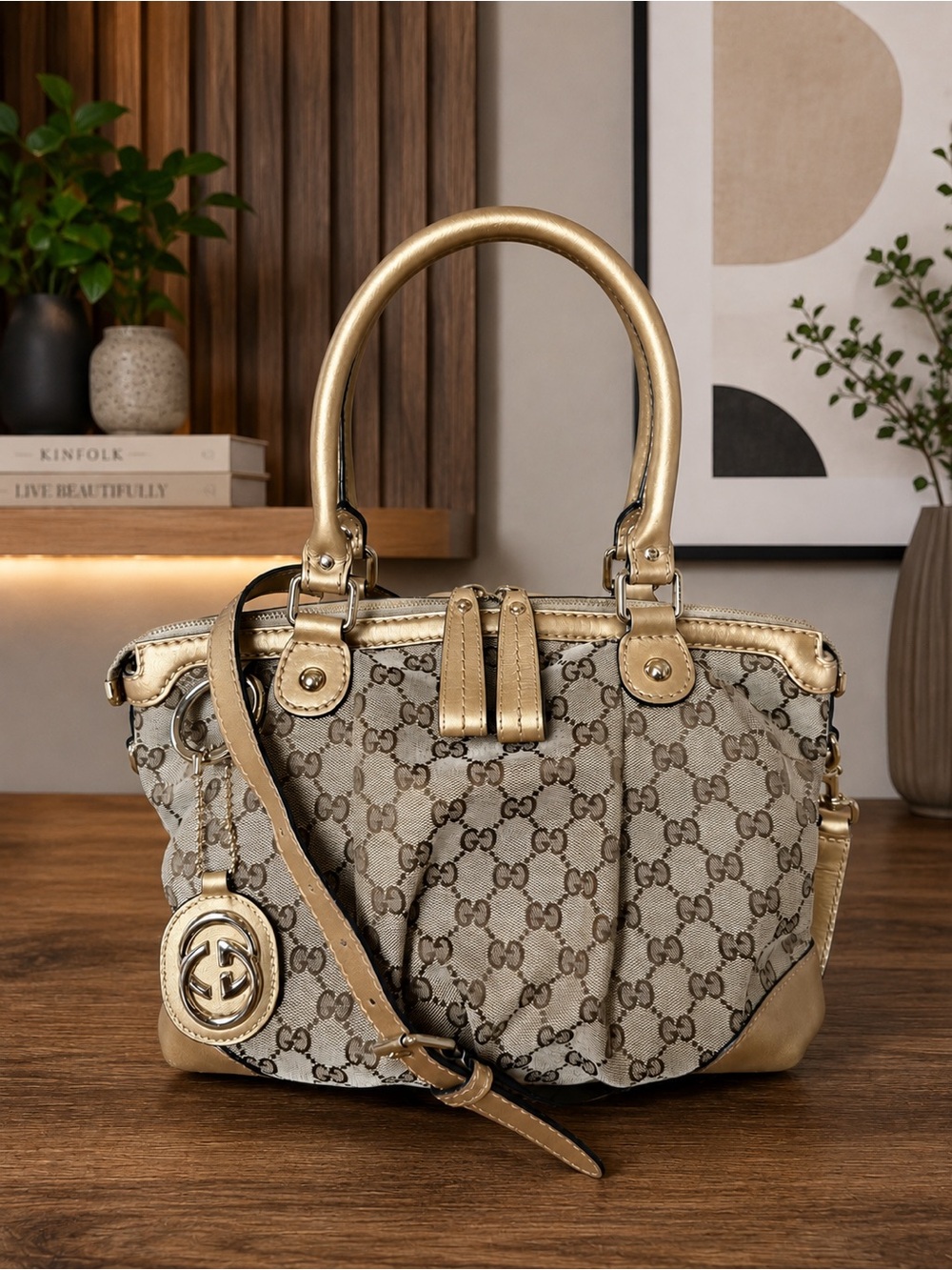 Gucci GG Supreme Sukey Canvas Satchel with Gold Trim